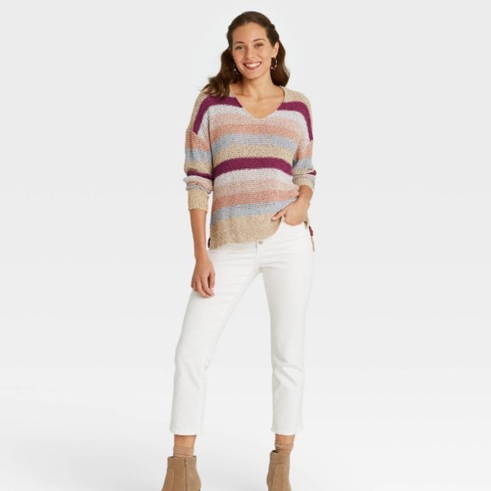 Striped V-Neck Pullover Sweater